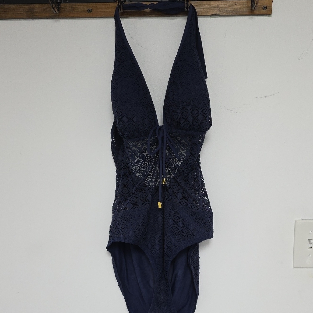 Navy Crochet Halter One-Piece Swimsuit with Tie Front